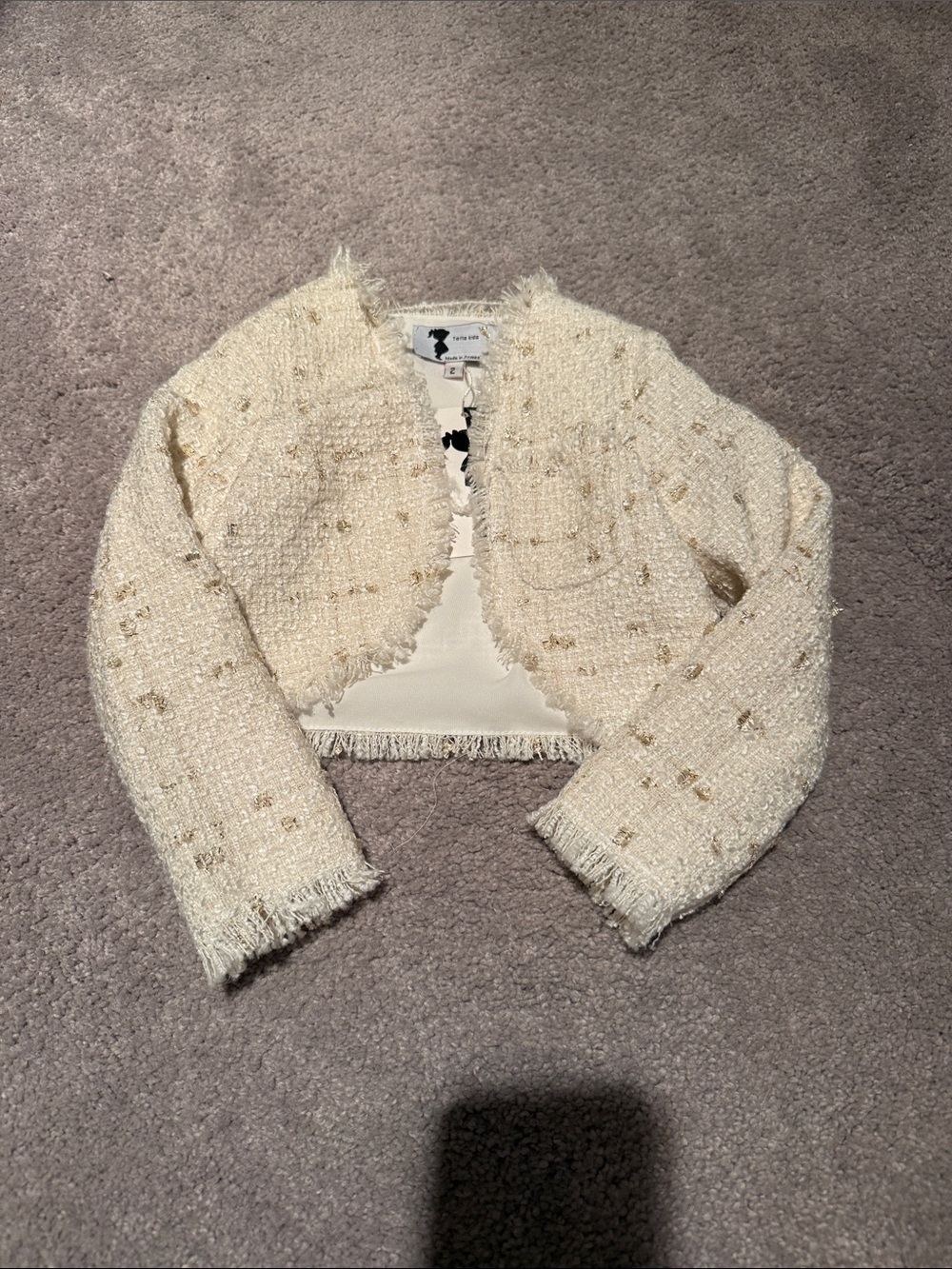 Girls Cream Tweed Cropped Pea Coat - Unknown Brand